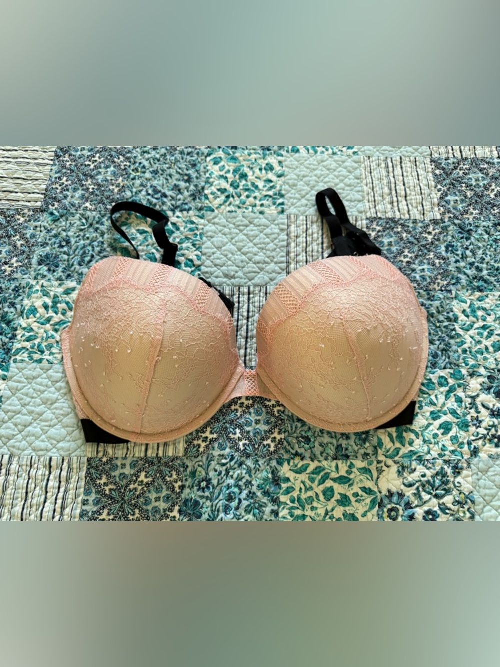 Victoria's Secret Blush Lace Push-Up Bra with Black Straps